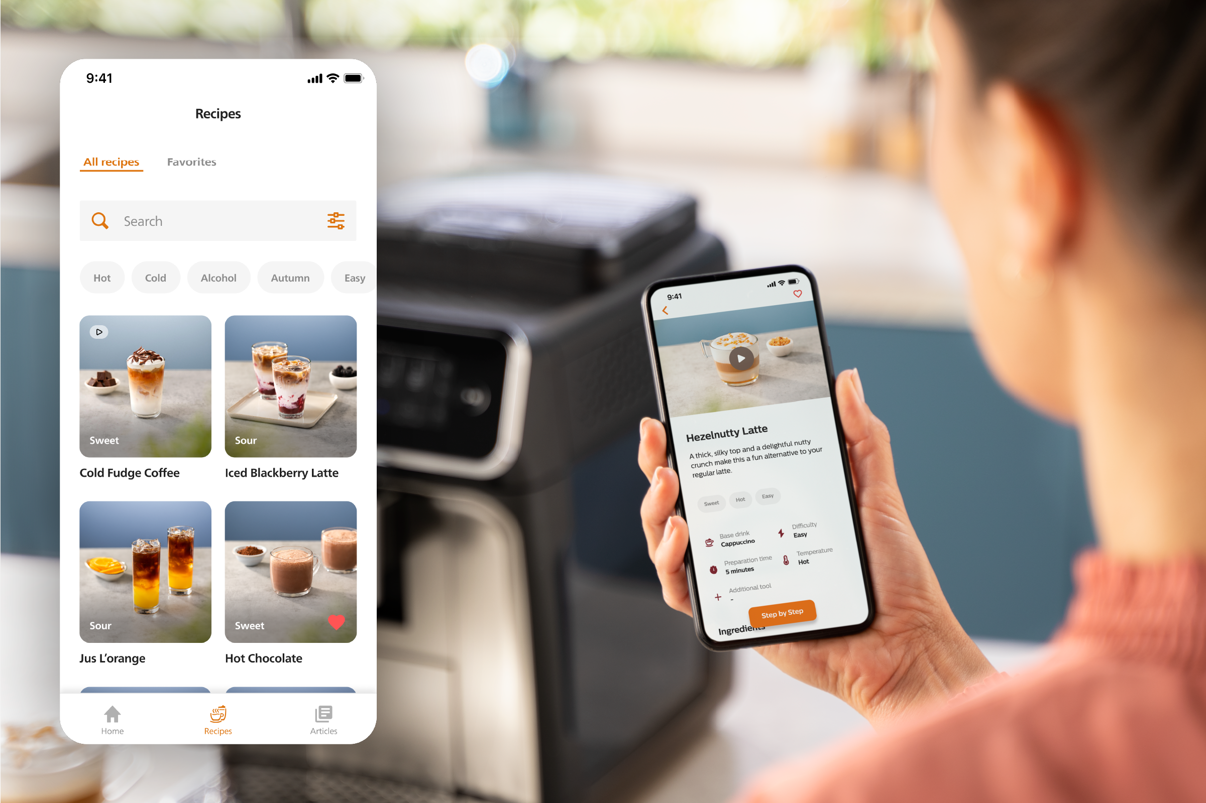 Zasloni telefona prikazuju recepte s kavom u aplikaciji Coffee+