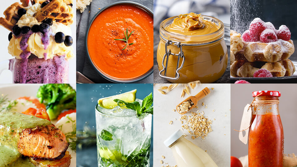 Razna jela: smoothie od borovnice, krem juha od rajčice, maslac od kikirikija, vafli s malinama i &scaron;ećerom u prahu, umak od zelenog bosiljka, mohito s drobljenim ledom, zobeno mlijeko, gusti umak od rajčice